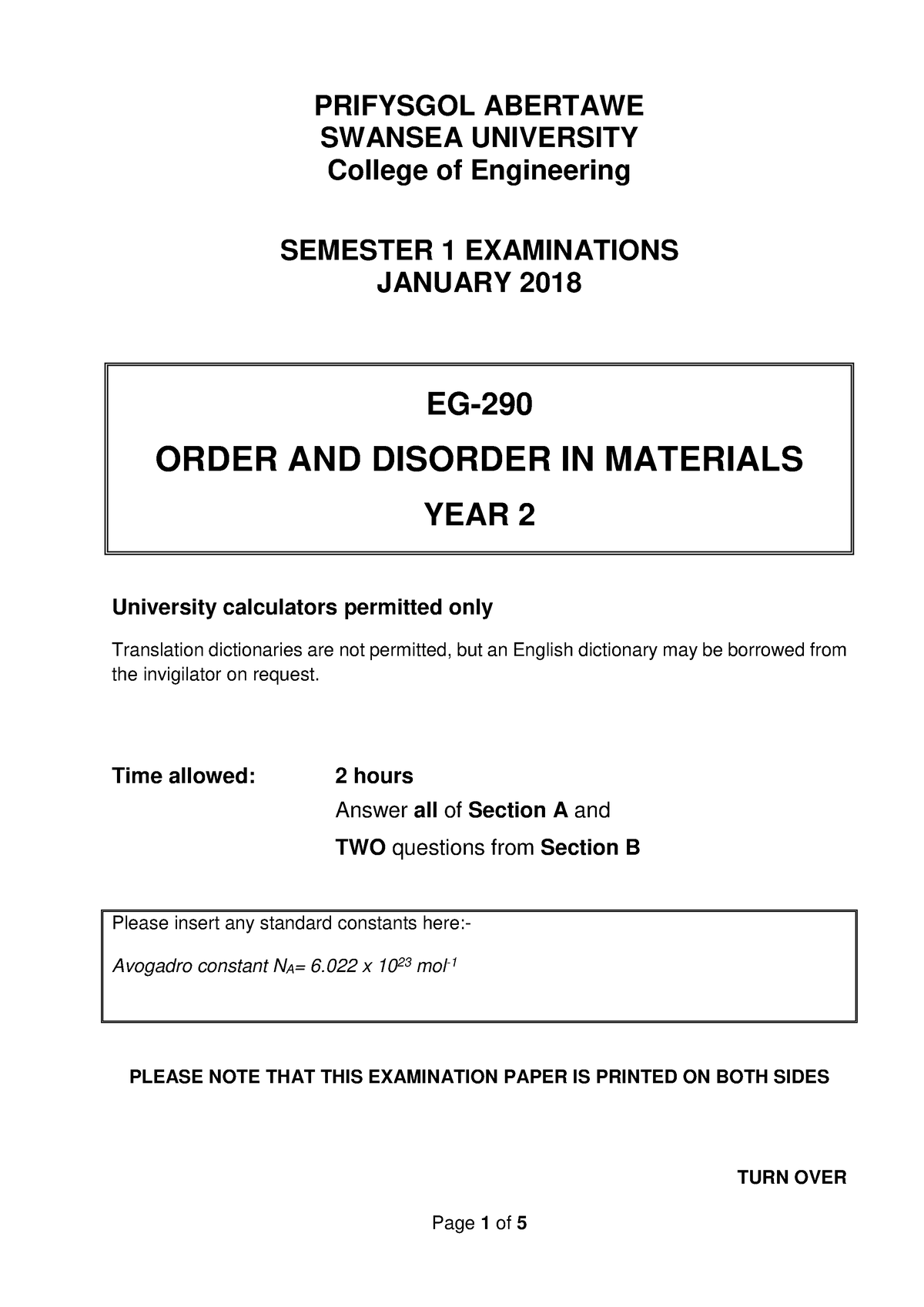 EG-290 January 2018 Past Paper - PRIFYSGOL ABERTAWE SWANSEA UNIVERSITY ...