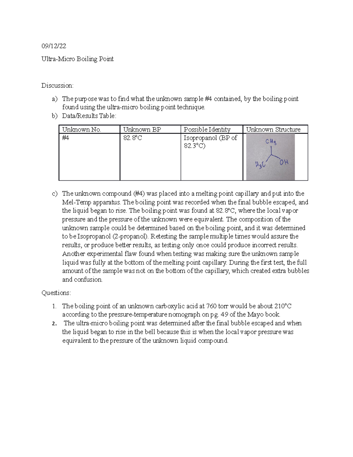 Micro Boiling Point Lab Report 09/12/ UltraMicro Boiling Point