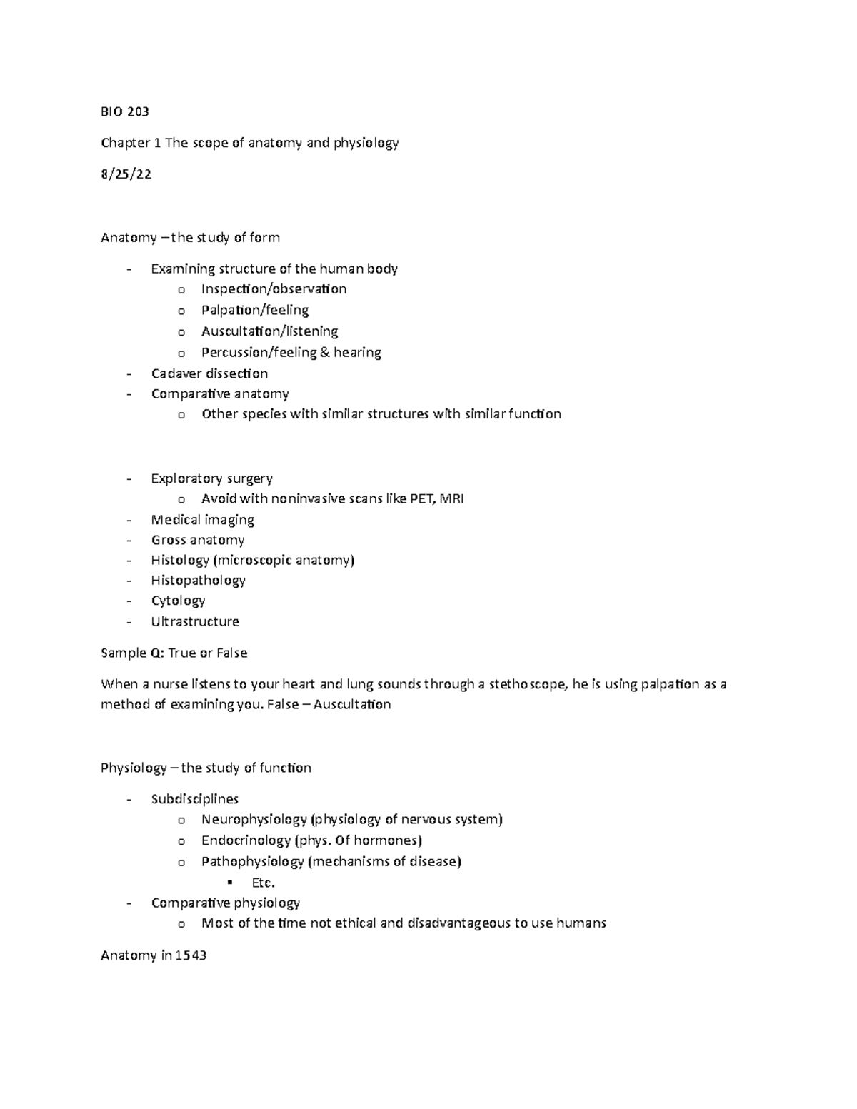 Lecture 1 - BIO 203 Chapter 1 The scope of anatomy and physiology 8/25 ...