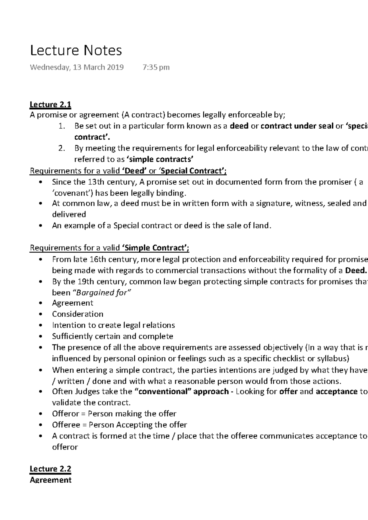 Lecture Notes 2 - LLB1120 - Law of Contracts A - UOW - StuDocu