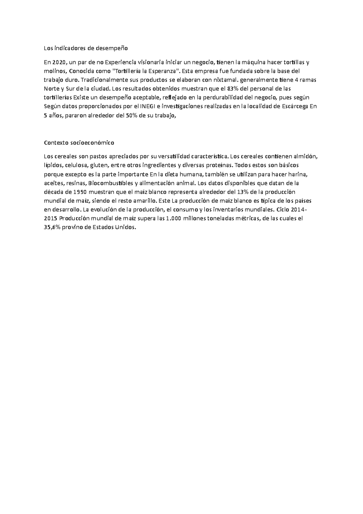 Tortillas esperanza Eueu Los indicadores de desempeño En 2020, un