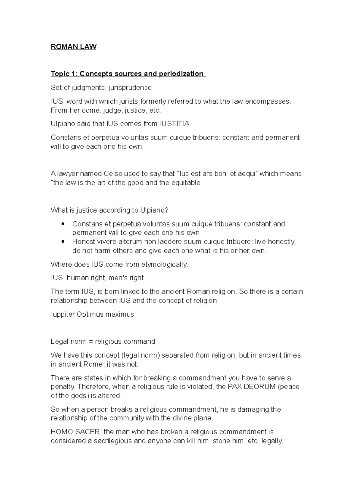 Unit 1 - Lecture notes 1 - ROMAN LAW Topic 1: Concepts sources and ...
