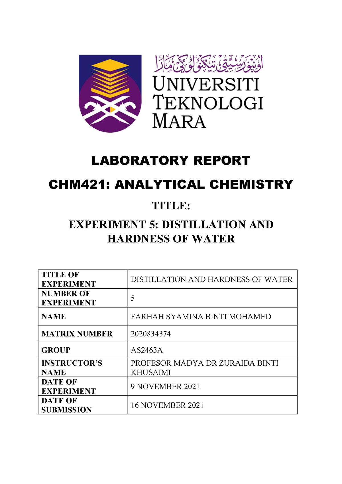 LAB Report CHM421 EXP5 - LABORATORY REPORT CHM421: ANALYTICAL CHEMISTRY ...