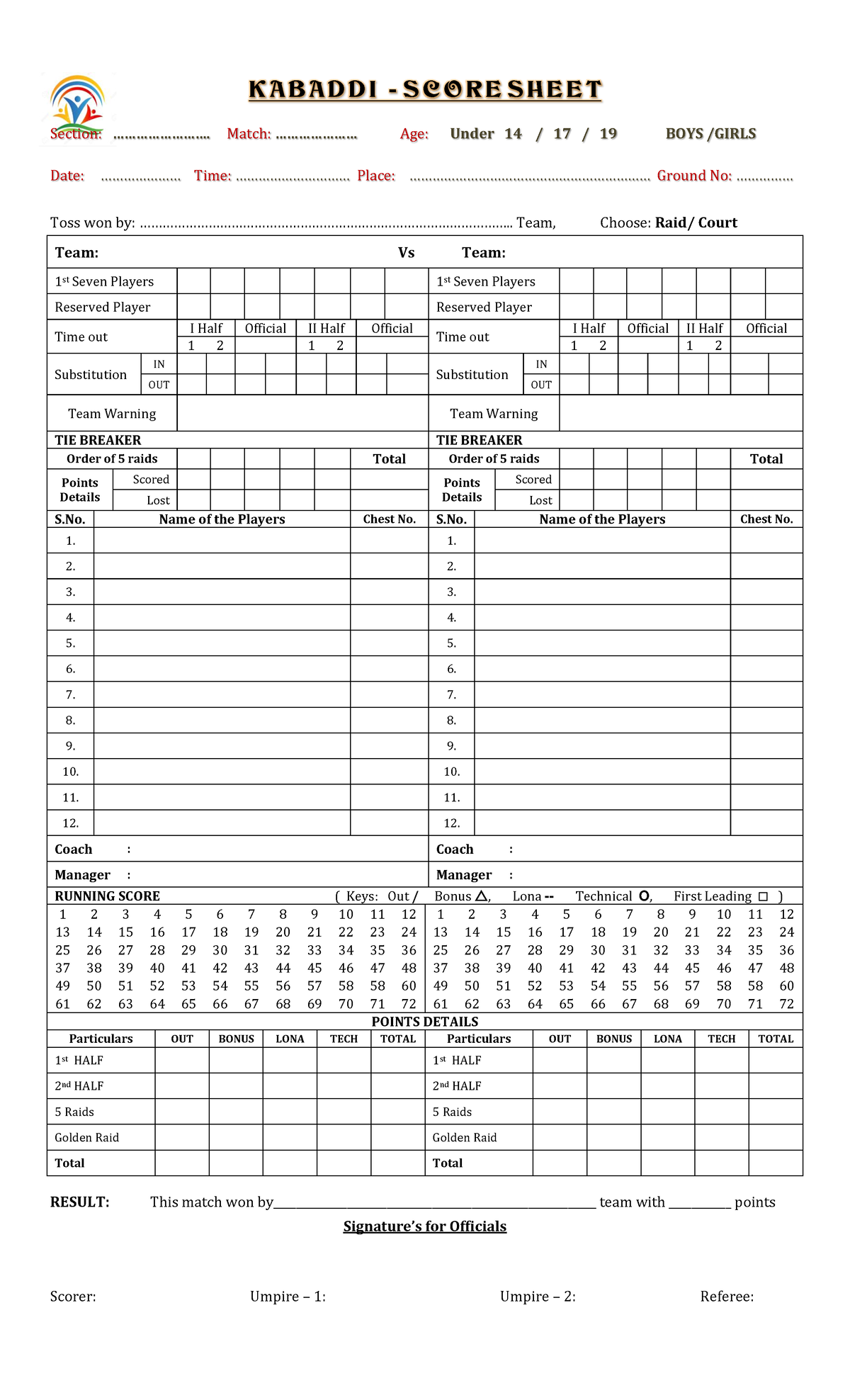 Kabaddi score sheet Ntnnstntnm K A B A D D I S C O R E S H E E T