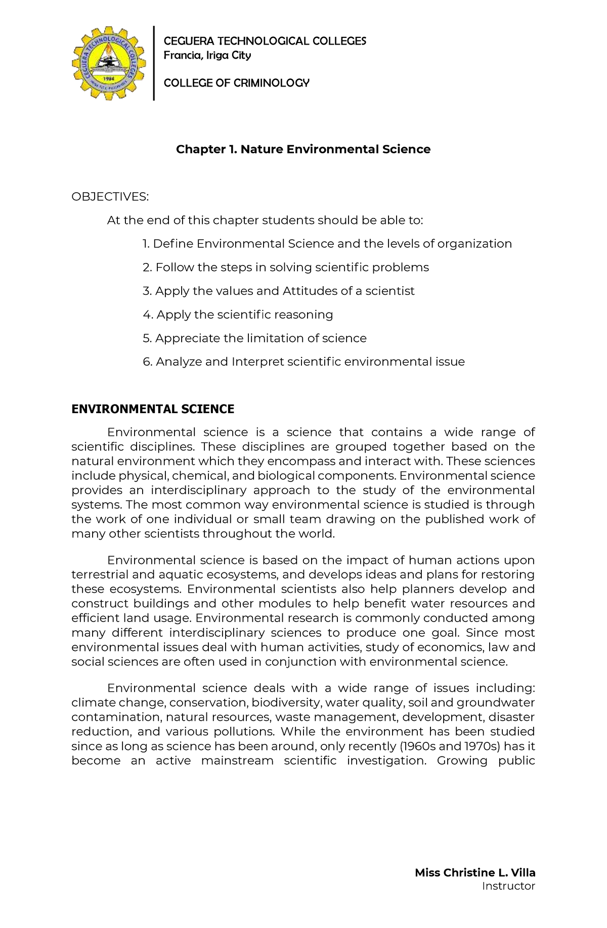 Chapter 1 Environmental Science - Miss Christine L. Villa Instructor ...