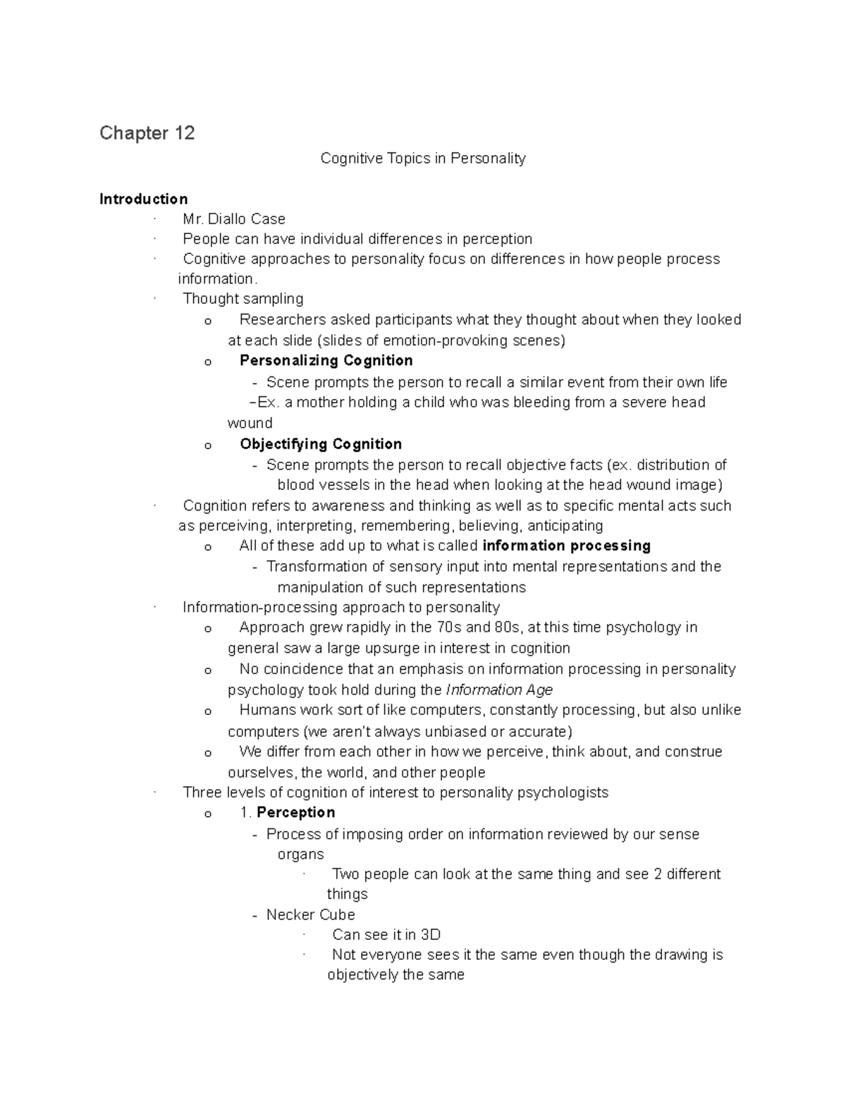 Psyc 2740 unit 7 - Lecture notes unit 7 - Chapter 12 Cognitive Topics ...