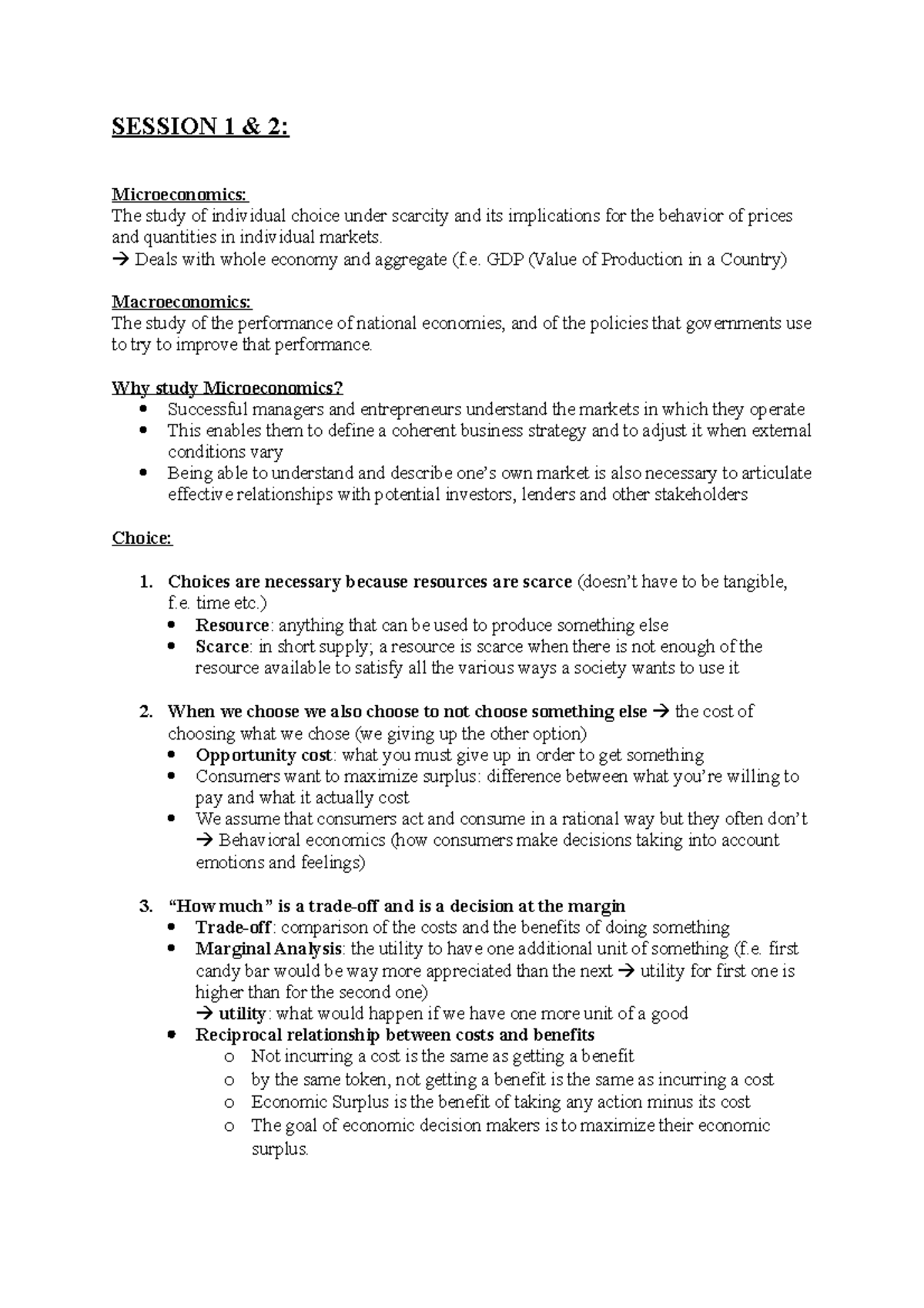 Summary Final - Notes - SESSION 1 & 2: Microeconomics: The study of ...
