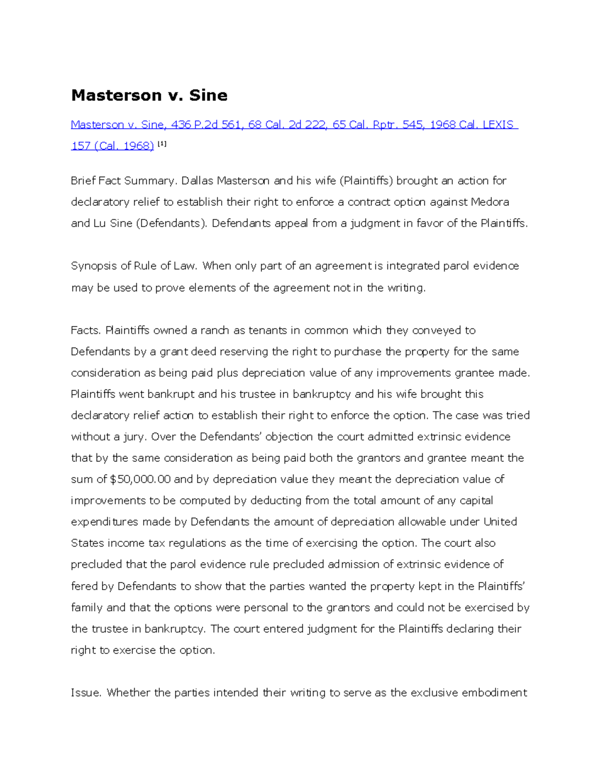 Masterson v. Sine - Professor Klass Contracts Case Brief - Masterson v ...