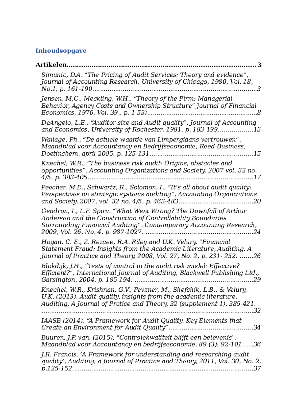 Samenvatting Auditing Theory - Inhoudsopgave - Studeersnel