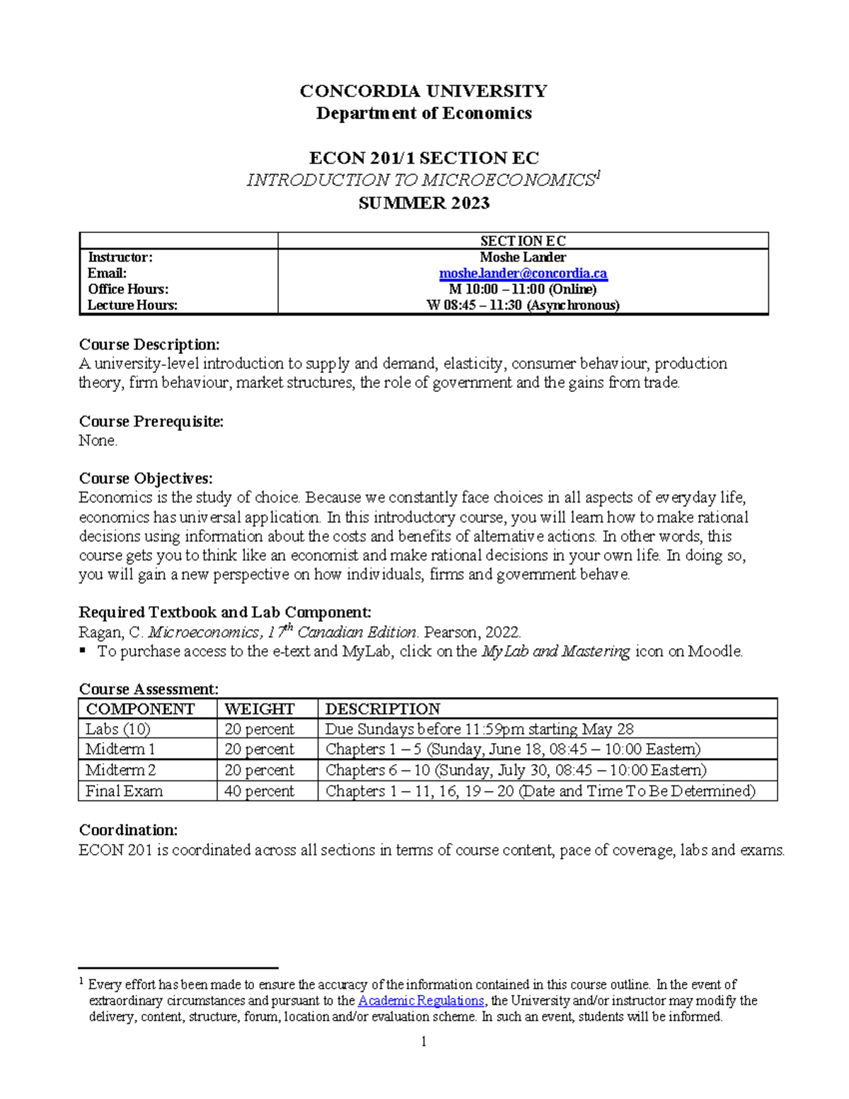 ECON201 (2023S) - Outline - CONCORDIA UNIVERSITY Department Of ...