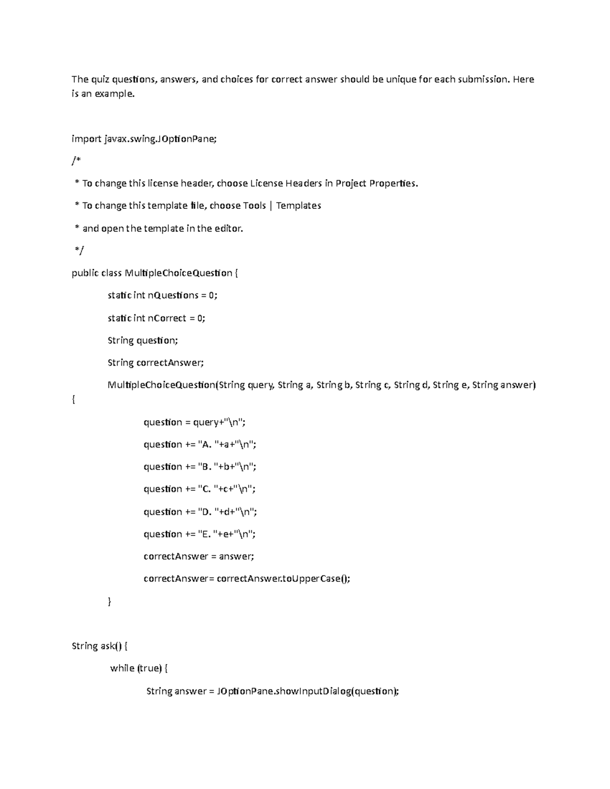 CS 1102 Programming 1 Programming Assignment 4 - The Quiz Questions ...