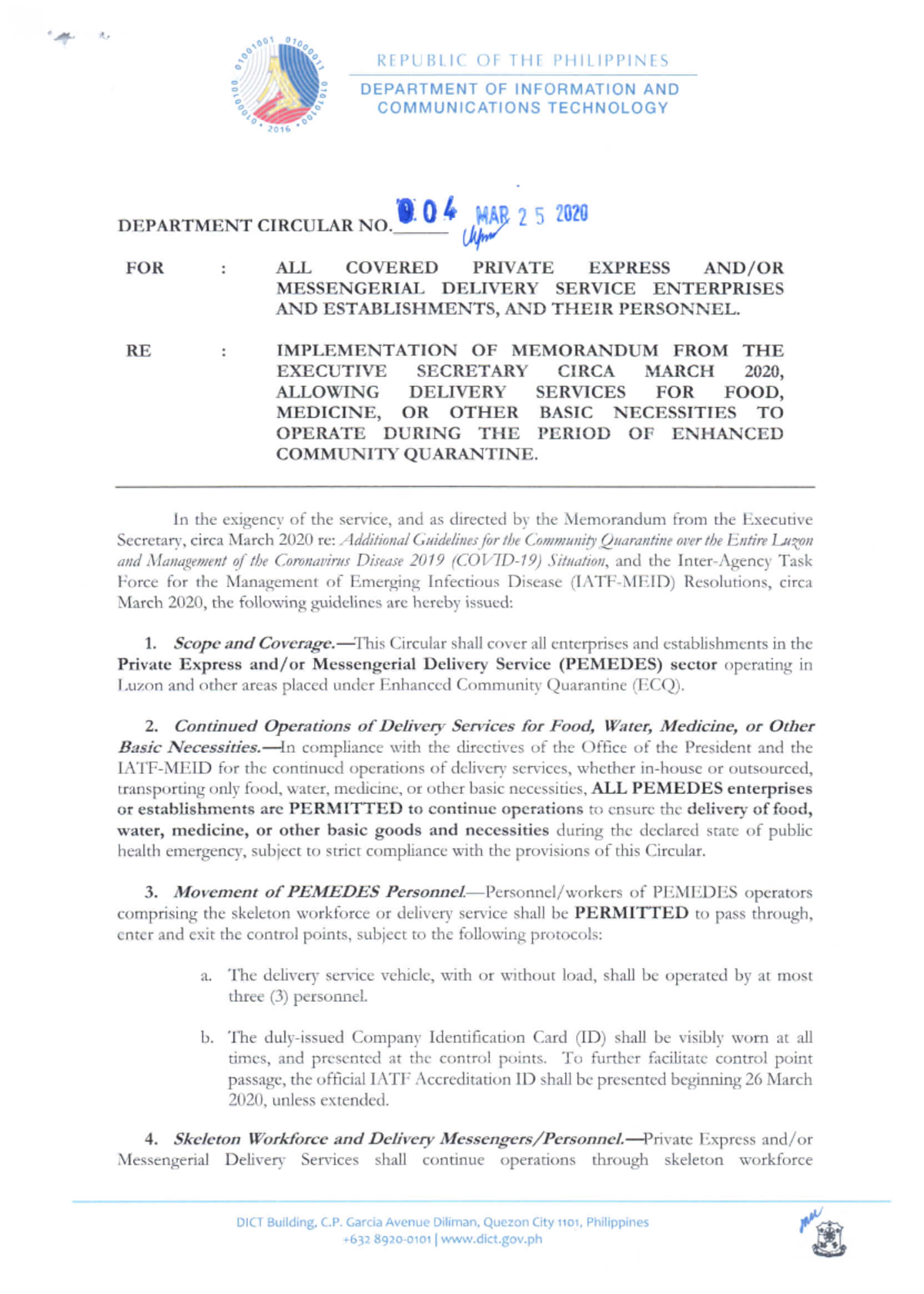 Implementation OF Memorandum FROM THE Executive Secretary Circa March ...