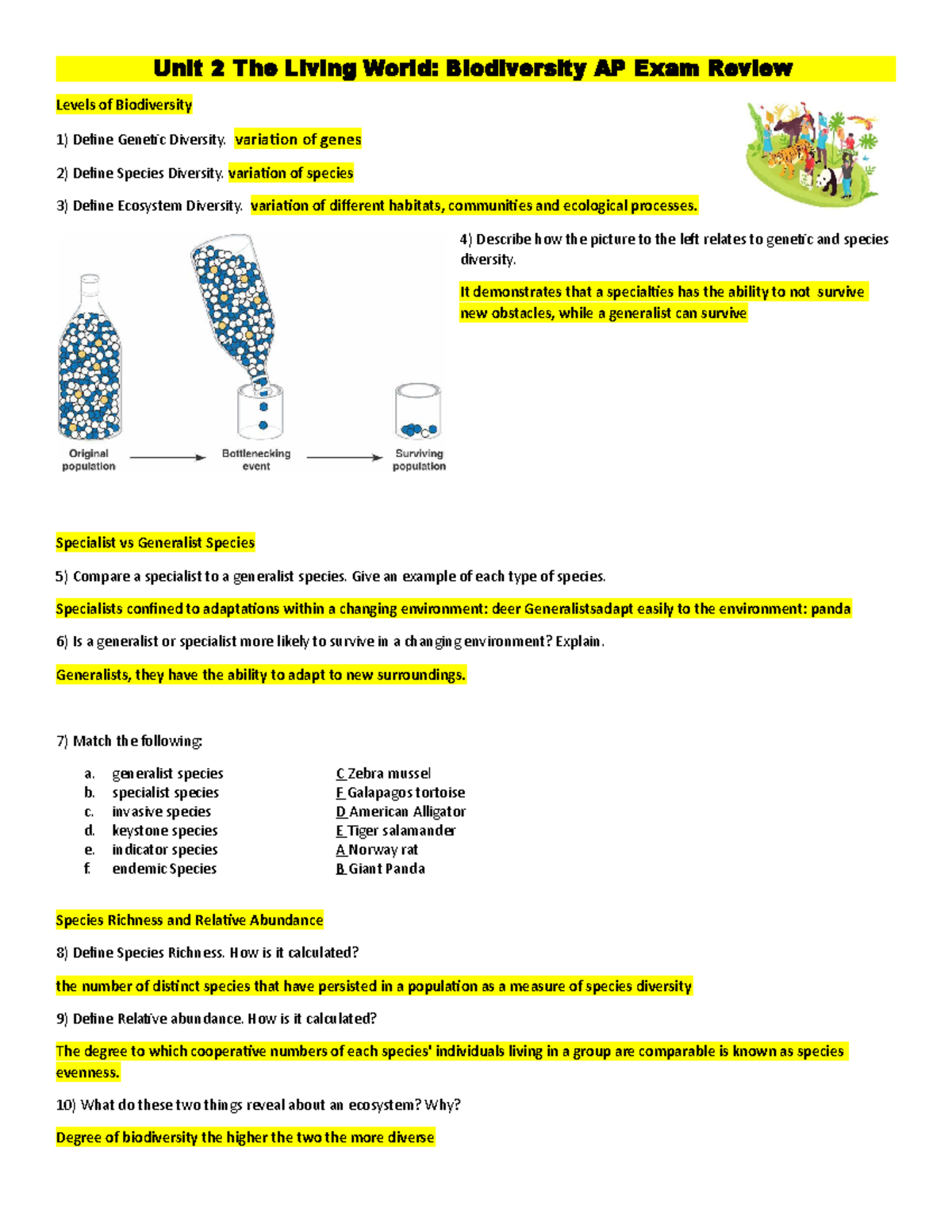 Unit 2 The Living World Biodiversity AP Exam Review - Variation Of ...