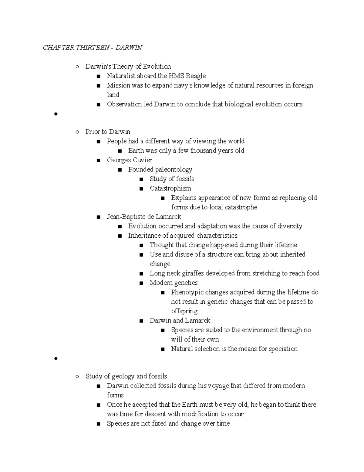BIO 110 Notes 13-17 - CHAPTER THIRTEEN - DARWIN Darwin's Theory of ...