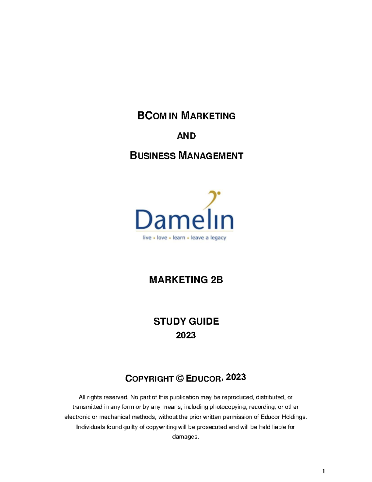 Marketing 2B Study Guide - BCOM IN MARKETING AND BUSINESS MANAGEMENT ...