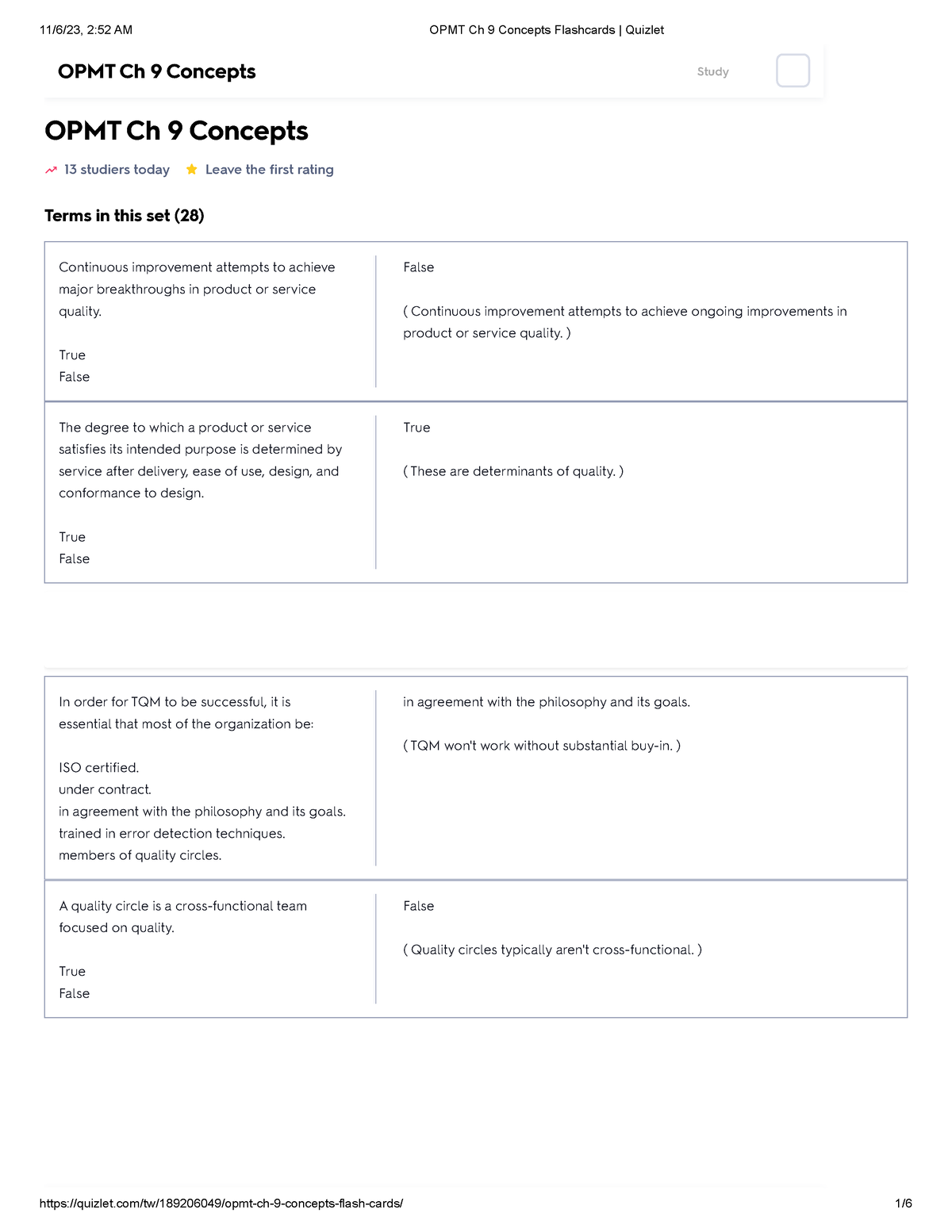 BME15 Chapter 9 Management Of Quality Quizlet 2 - OPMT Ch 9 Concepts 13 ...