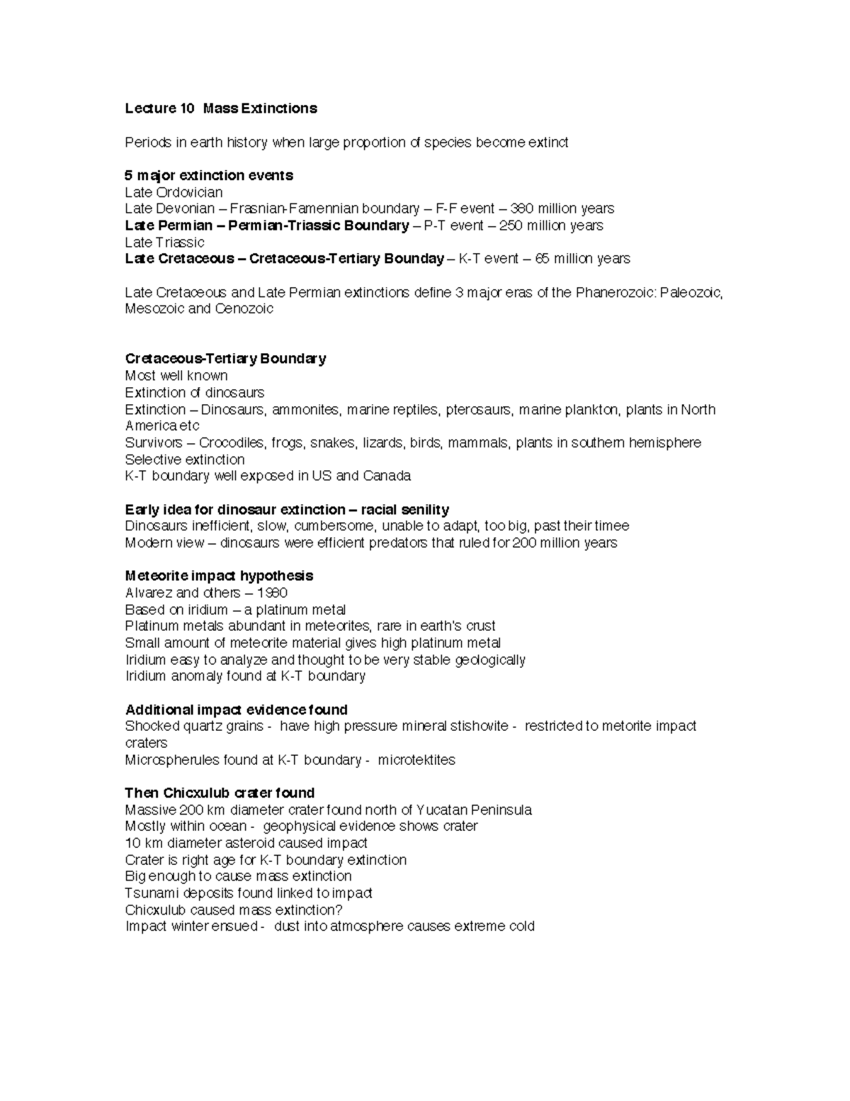 Lecture 10 Summary Notes - Lecture 1 0 Mass Extinctions Periods in ...