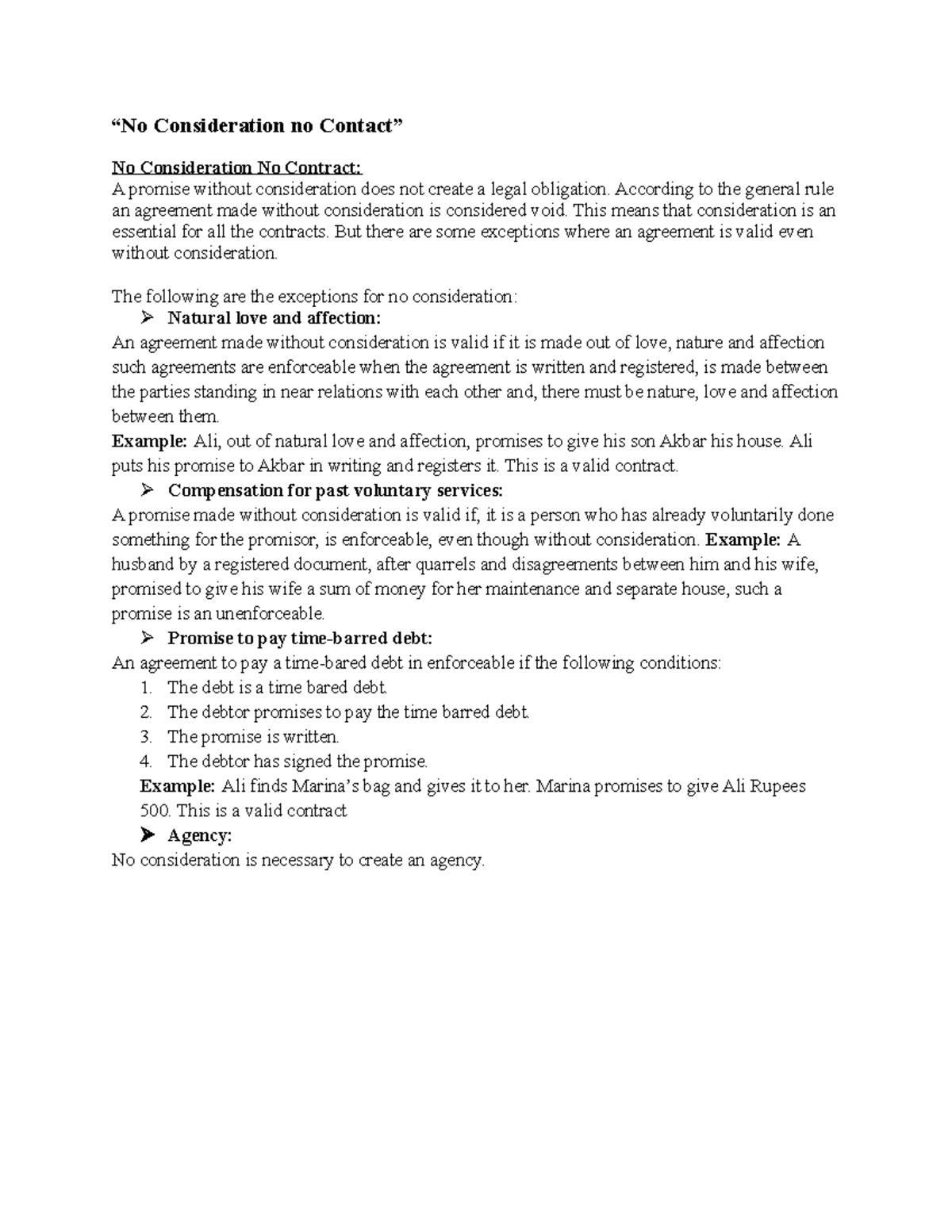 Exception of Consideration in contract “No Consideration no Contact