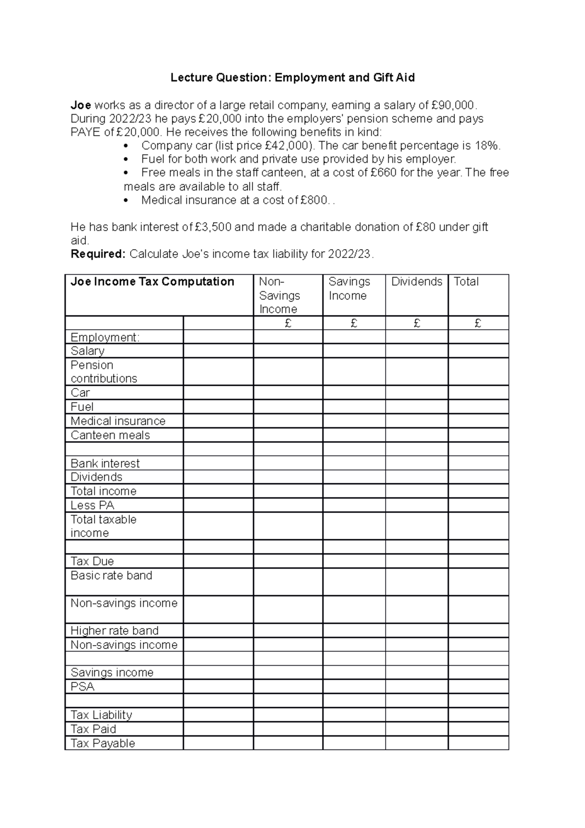Income Tax 2 Joe - Questions - Lecture Question: Employment and Gift ...