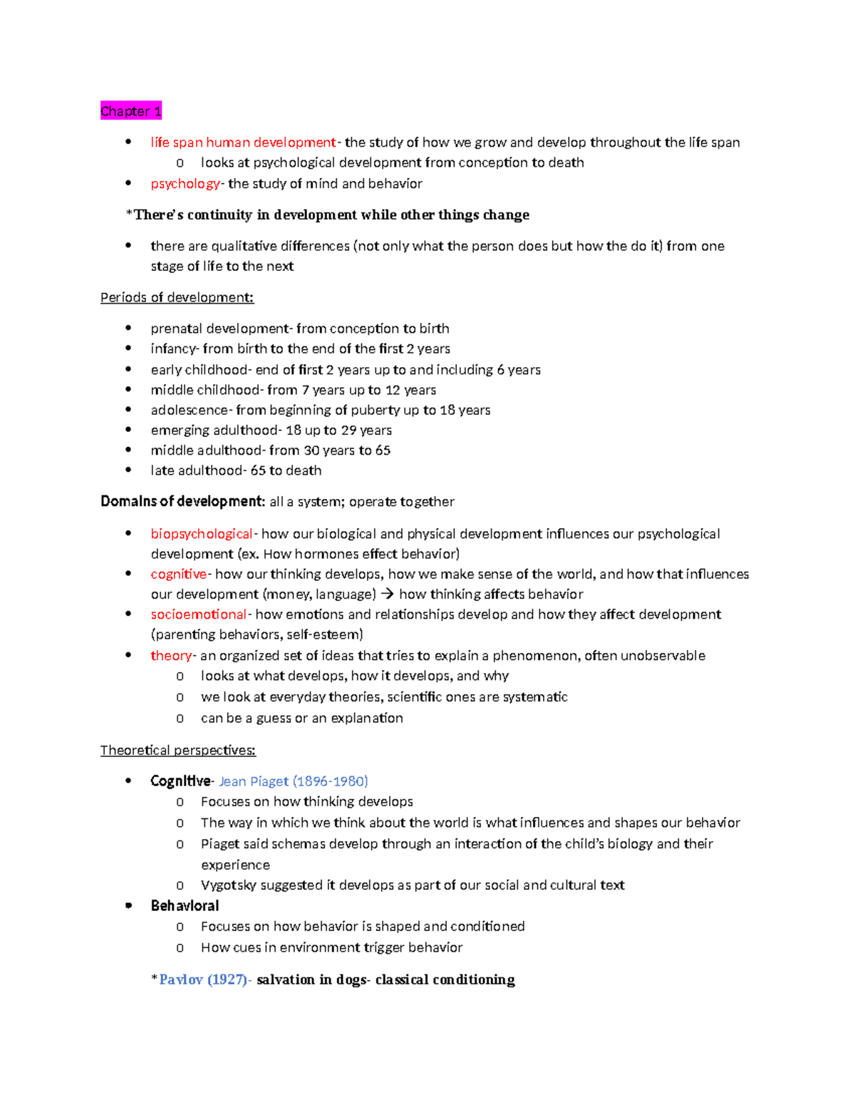 Psyc final exam study guide notes - Chapter 1 life span human ...