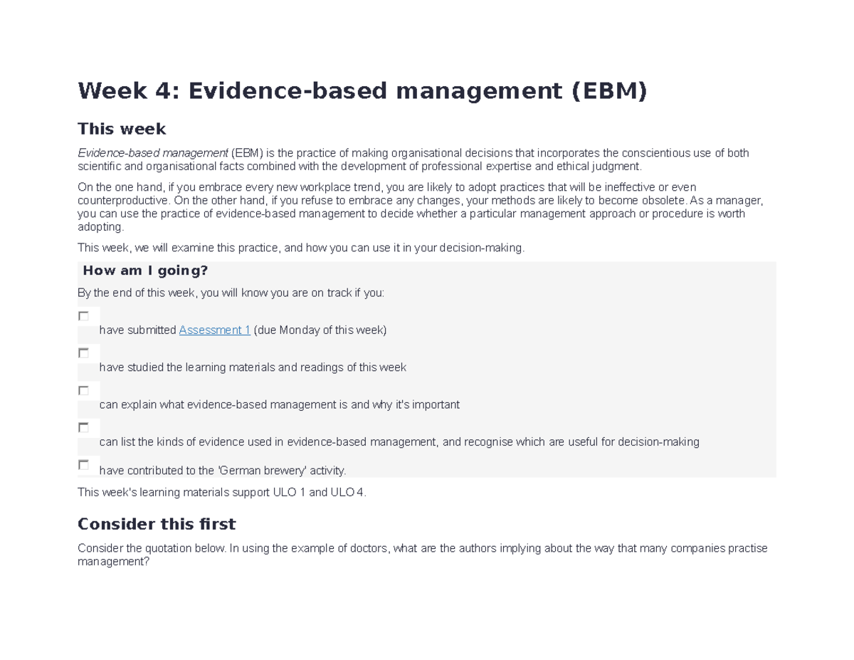 Week 4 Evidence-based Management (EBM) - On The One Hand, If You ...