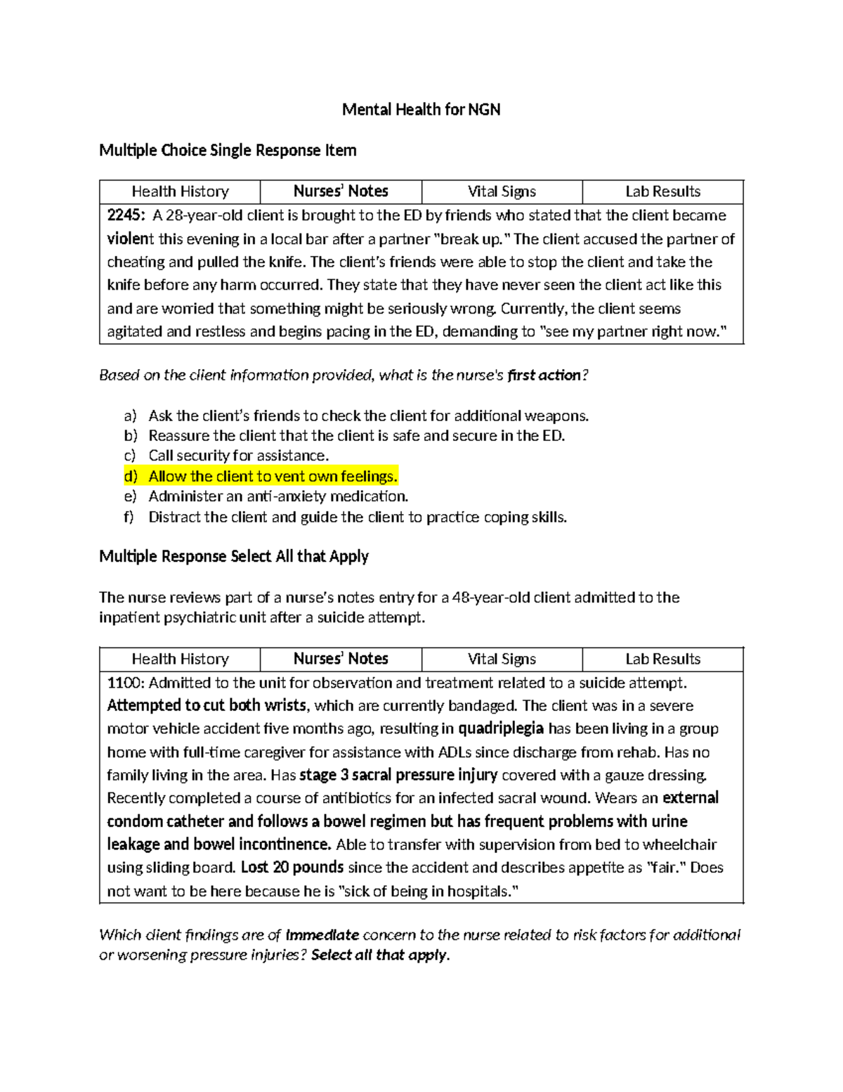MH - NGN - Mental Health for NGN Multiple Choice Single Response Item ...