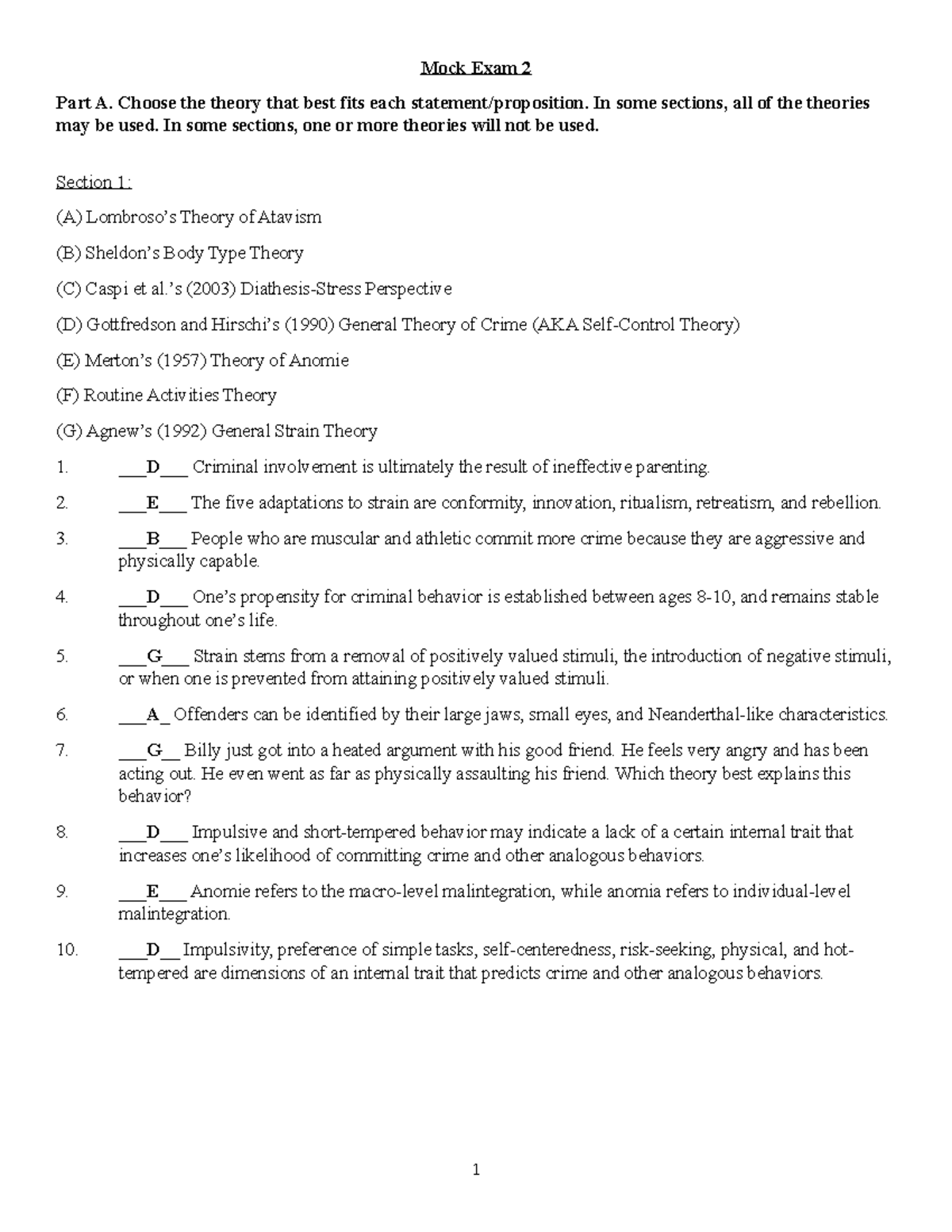 Answer KEY Mock Exam 2 Mock Exam 2 Part A. Choose the theory that