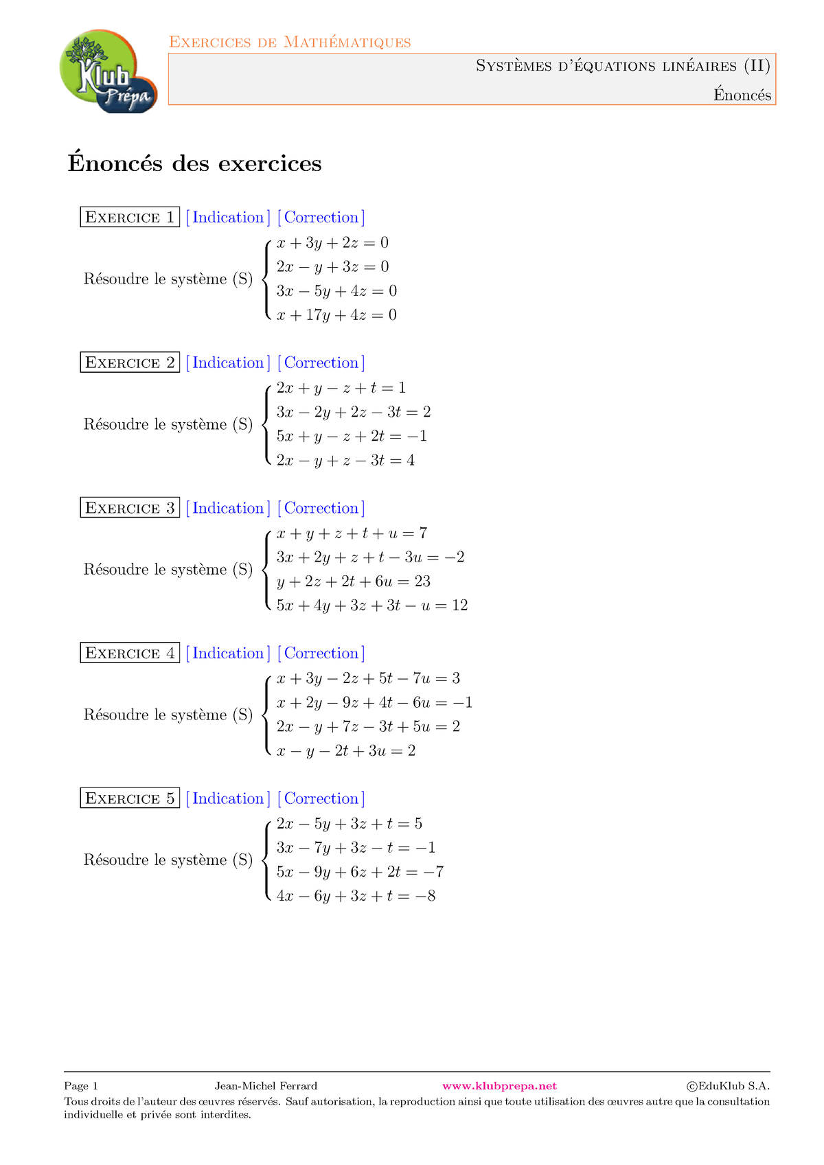 Calcul Matriciel, Systèmes Linéaires, Exercices : Systèmes D'équations ...