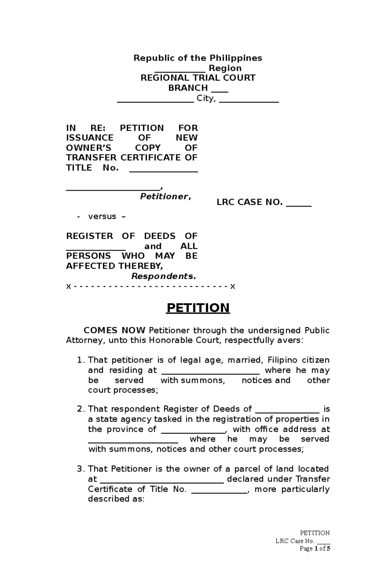 Petition FOR Issuance OF NEW Owner S COPY OF Transfer Certificate OF 