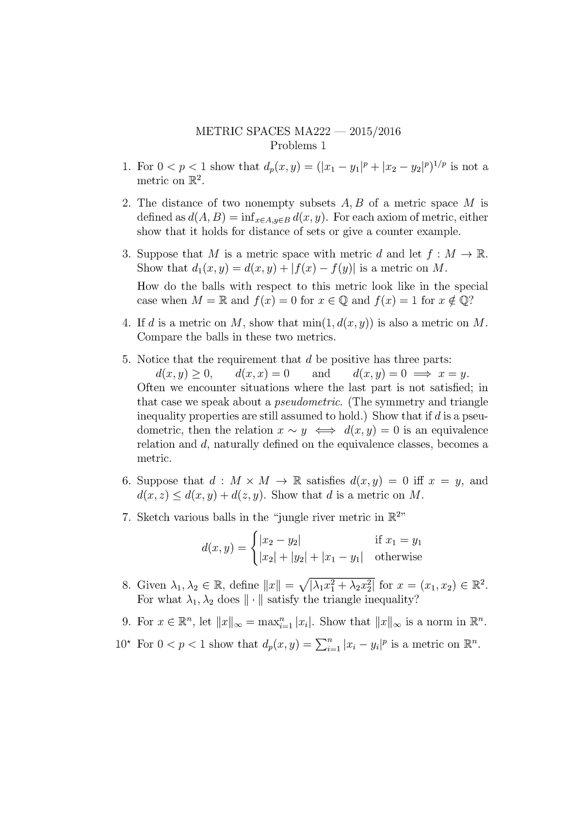 Ma222 15 16 Problem Set 1 Metric Spaces Ma222 15 16 Problems 1 1 For 0 Amp Amp Lt P Studocu