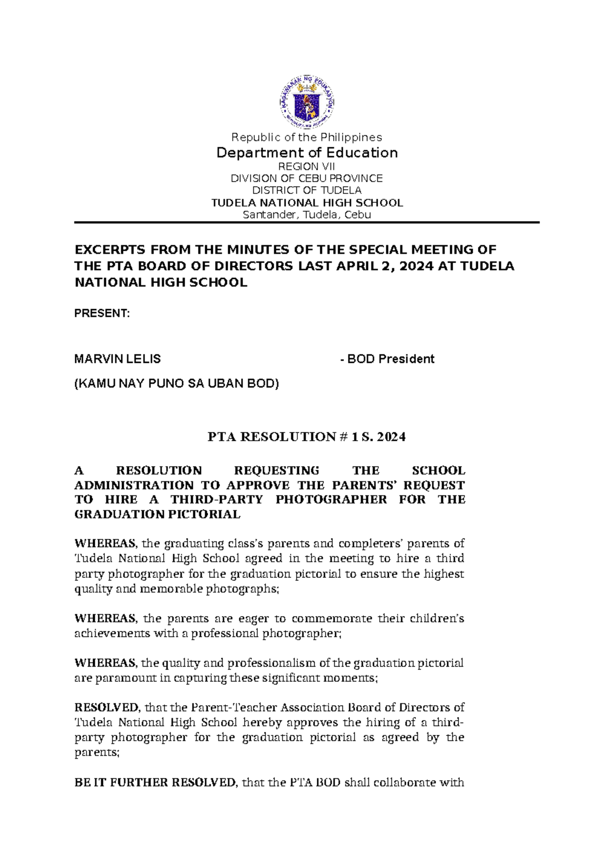 Resolution for FOR GRAD PIC - Republic of the Philippines Department of ...