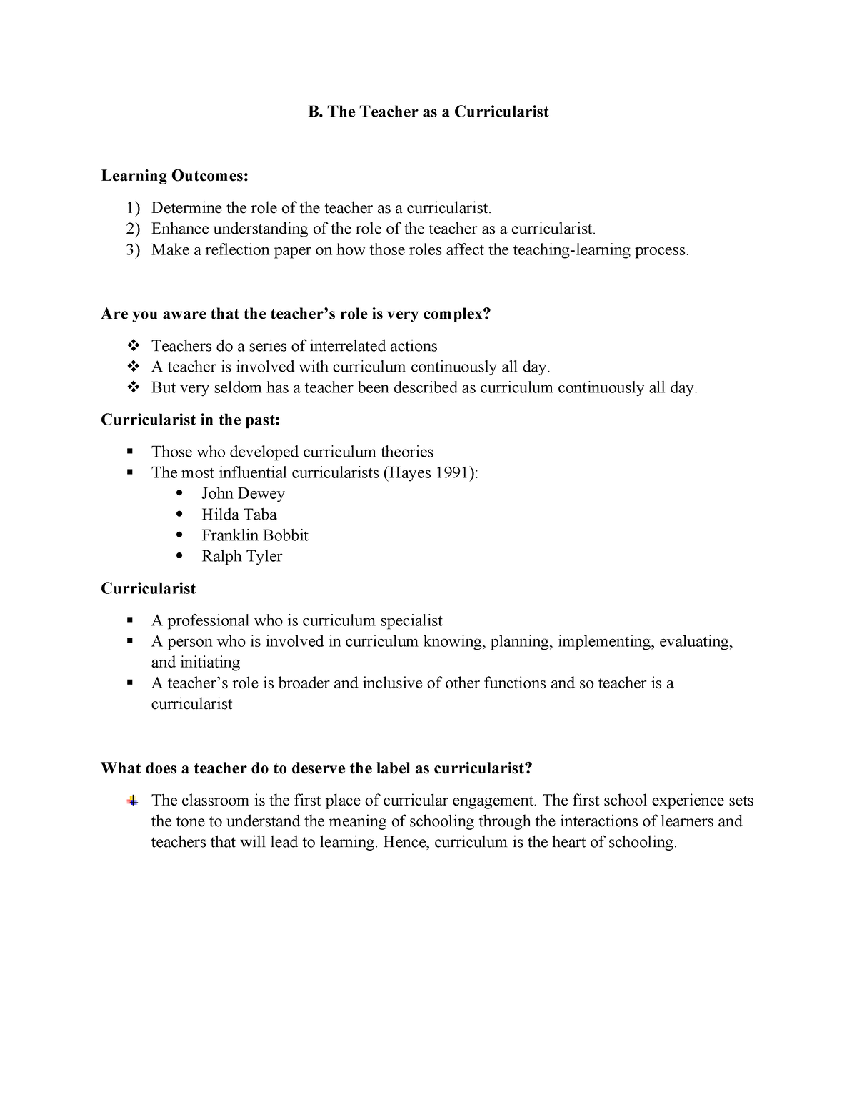 B - Module - B. The Teacher As A Curricularist Learning Outcomes ...