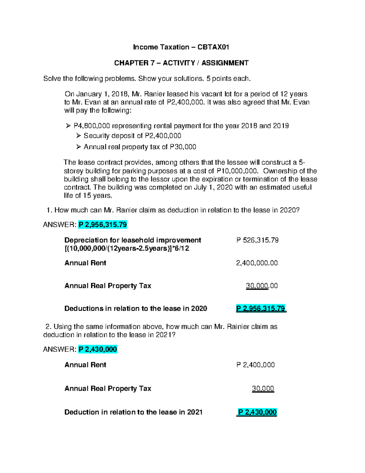 TAX7 - One Possible - Income Taxation – CBTAX CHAPTER 7 – ACTIVITY ...