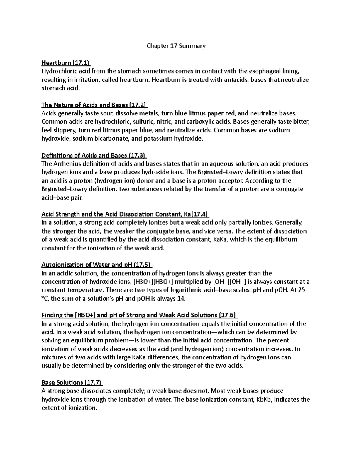 Chapter 17 Summary - Chapter 17 Summary Heartburn (17) Hydrochloric ...