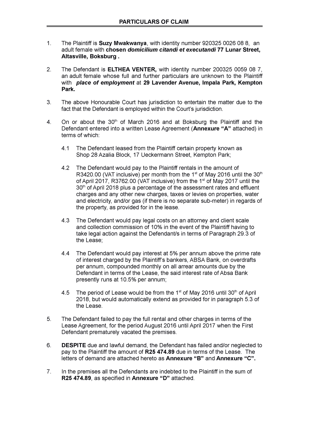 Particulars OF Claim[ 93] - PARTICULARS OF CLAIM The Plaintiff is Suzy ...