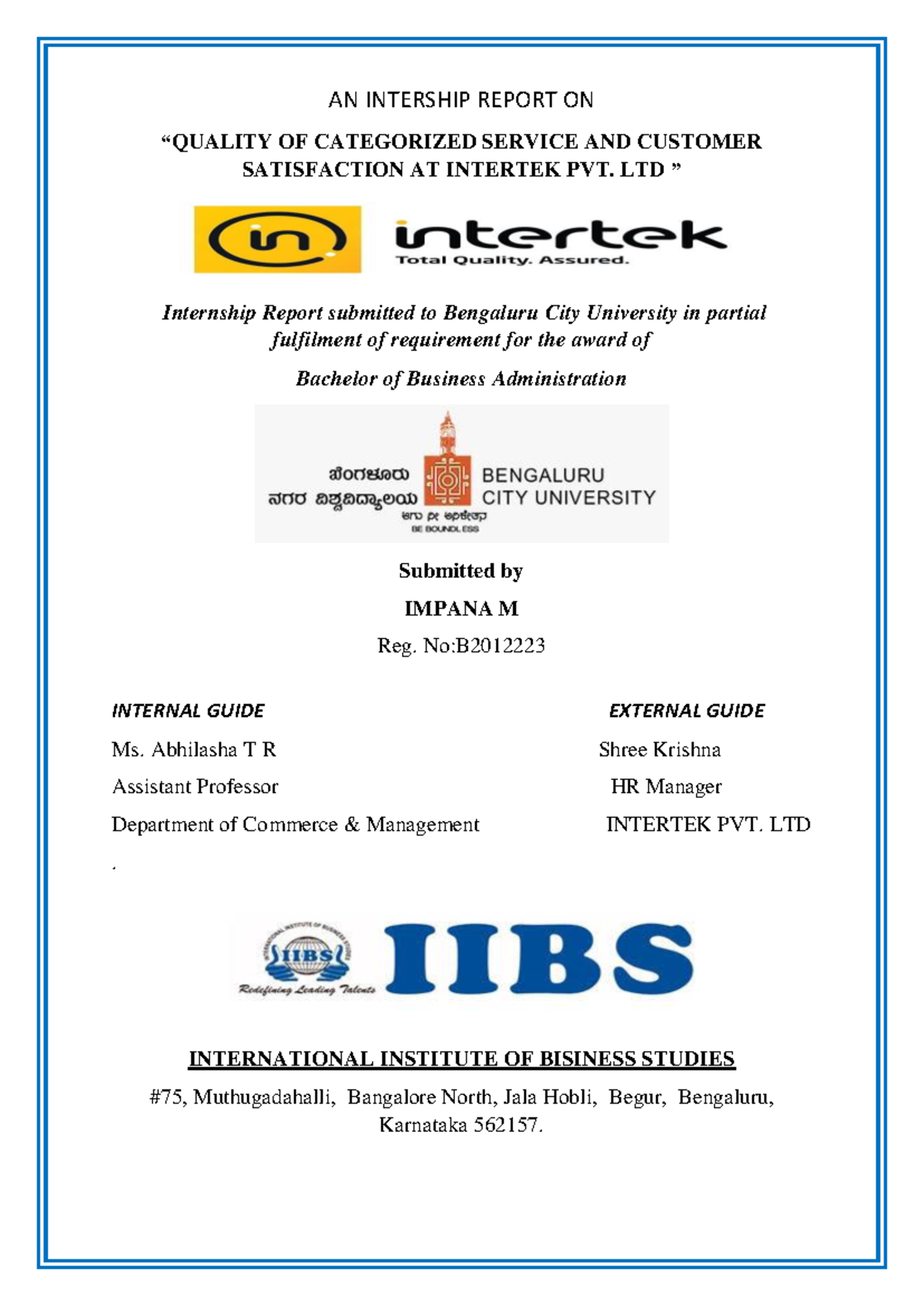 Fronts Sheets Impana (3) 103851 - AN INTERSHIP REPORT ON “QUALITY OF ...