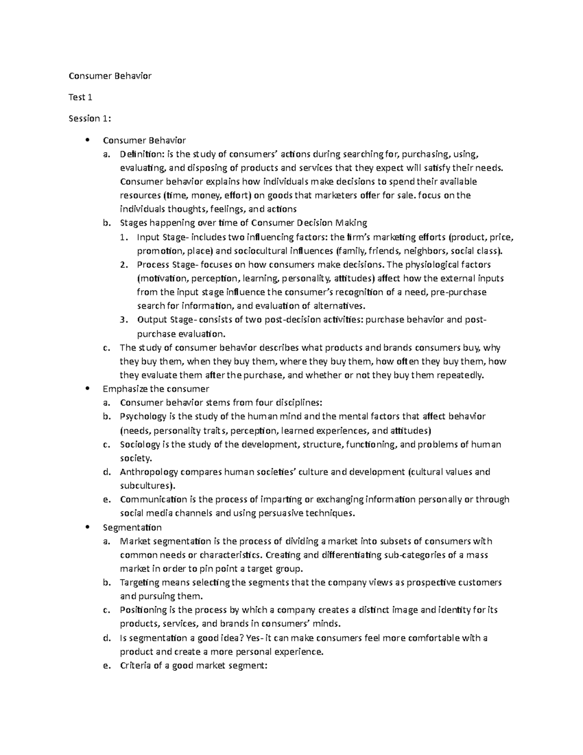 Consumer Behavior Midterm Review 1 - Consumer Behavior Test 1 Session 1 ...