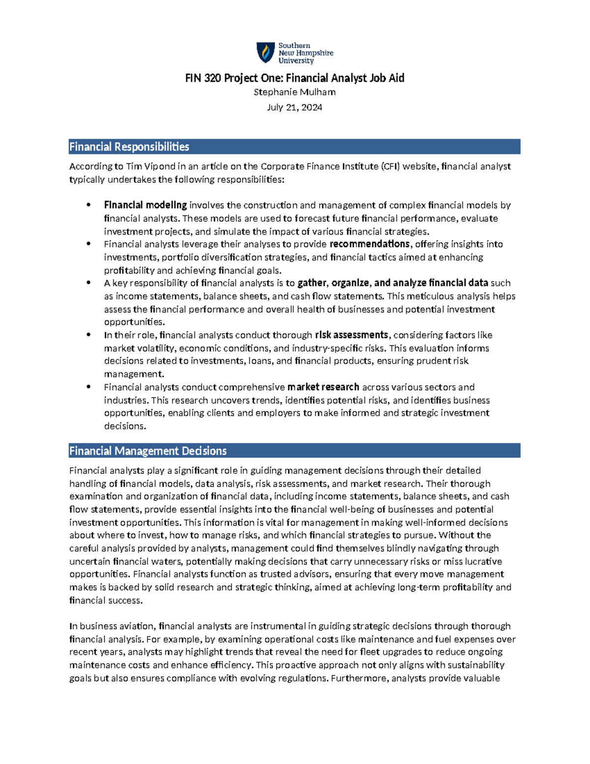 FIN 320 Project One Financial Analyst Job Aid - These models are used ...