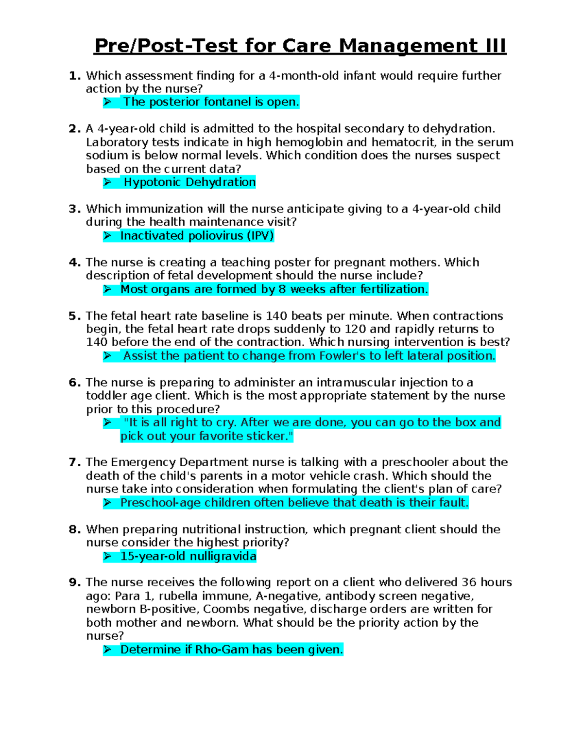 Semester 3 Care 3 apretest protest - Pre/Post-Test for Care Management ...