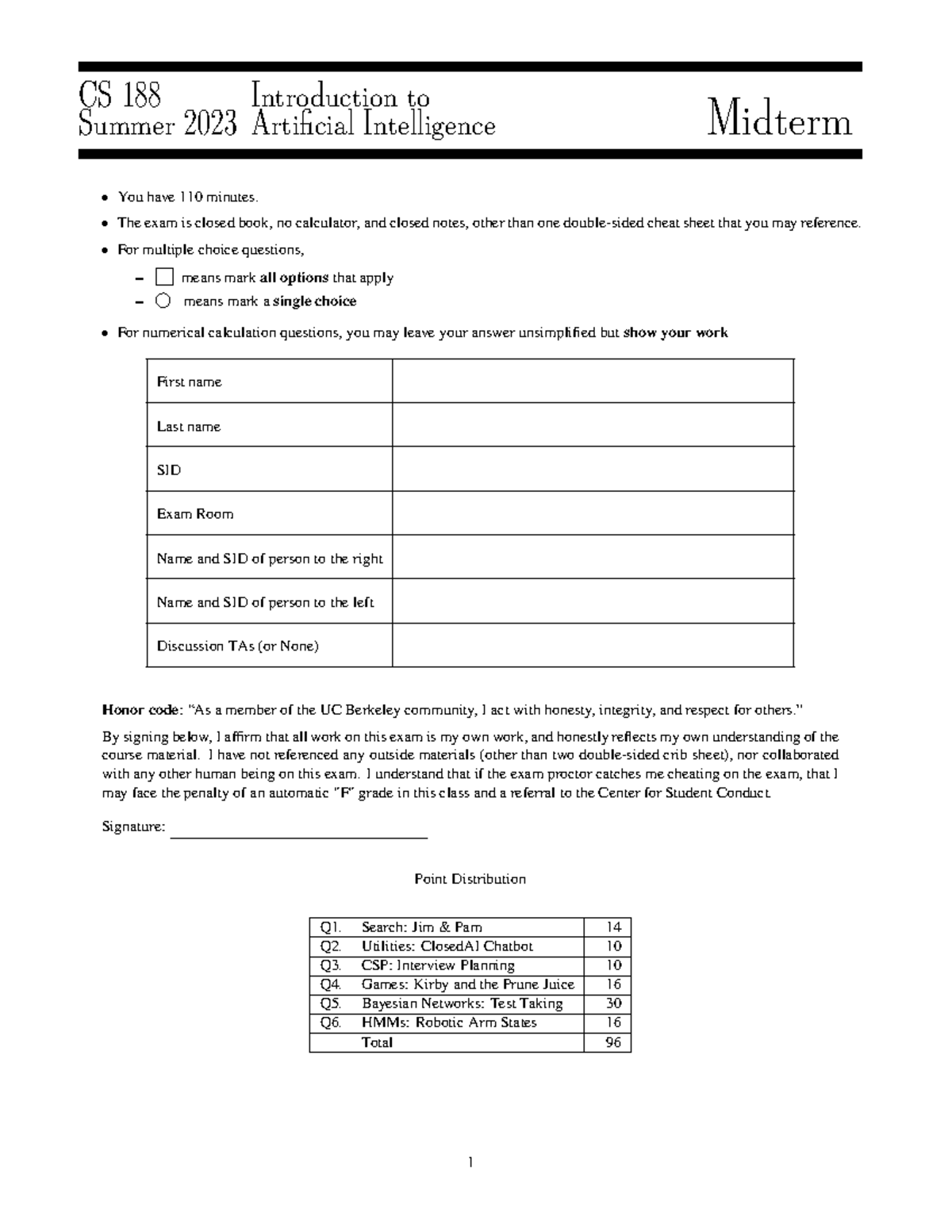 CS188 Su23 MT Midterm practice for class CS 188 Summer 2023