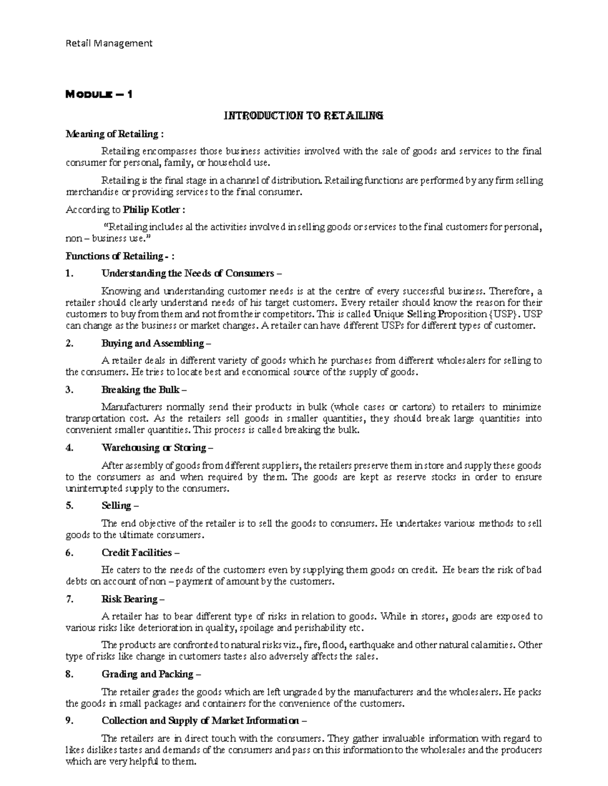 RM Material - Lecture notes 1-5 - Module – 1 Introduction to Retailing ...
