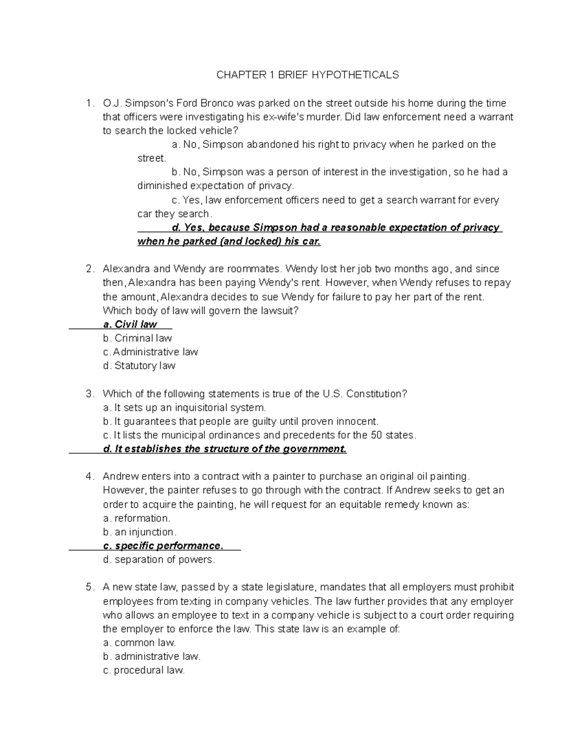 Chapter 1 Nature And Sources Of Law - CHAPTER 1 BRIEF HYPOTHETICALS O ...