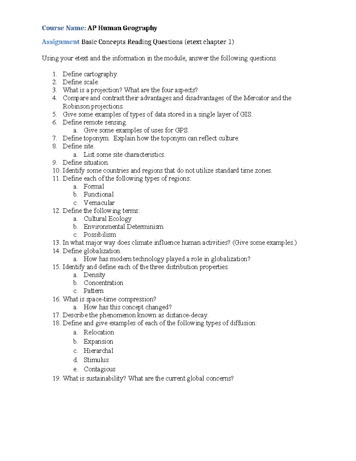 Testing Your Geography Understanding Questions Course Name AP Human