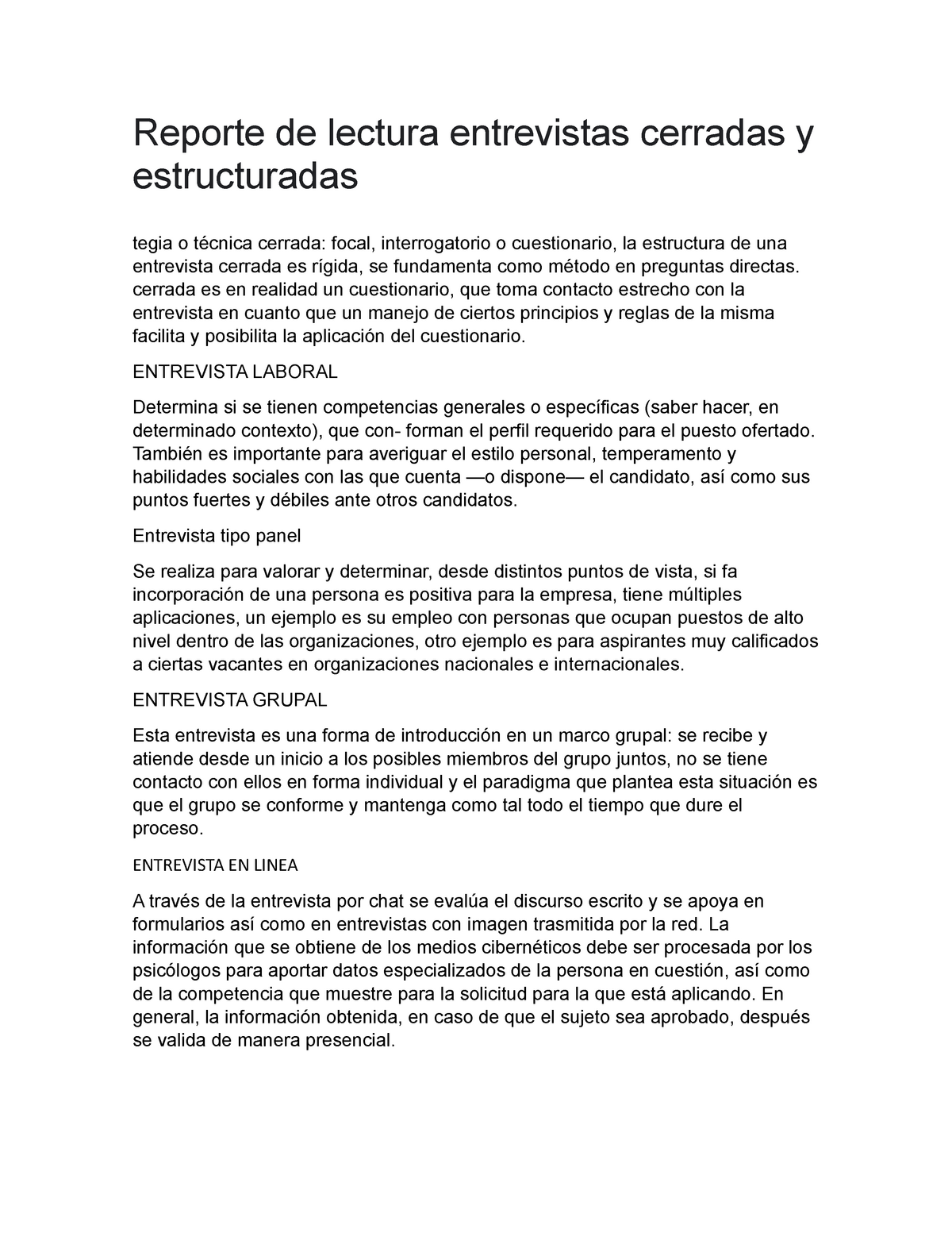 Reporte De Lectura Entrevistas Cerradas Y Estructuradas - Cerrada Es En ...