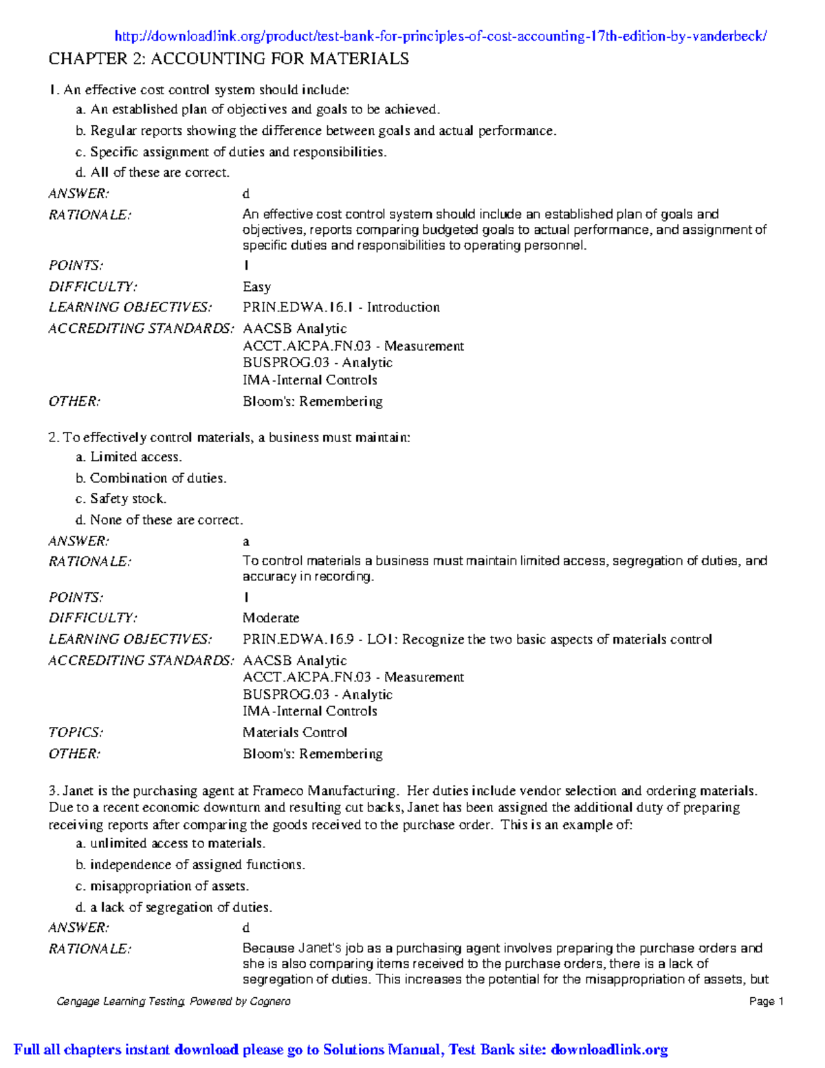 Test Bank For Principles Of Cost Accounting - CHAPTER 2: ACCOUNTING FOR ...