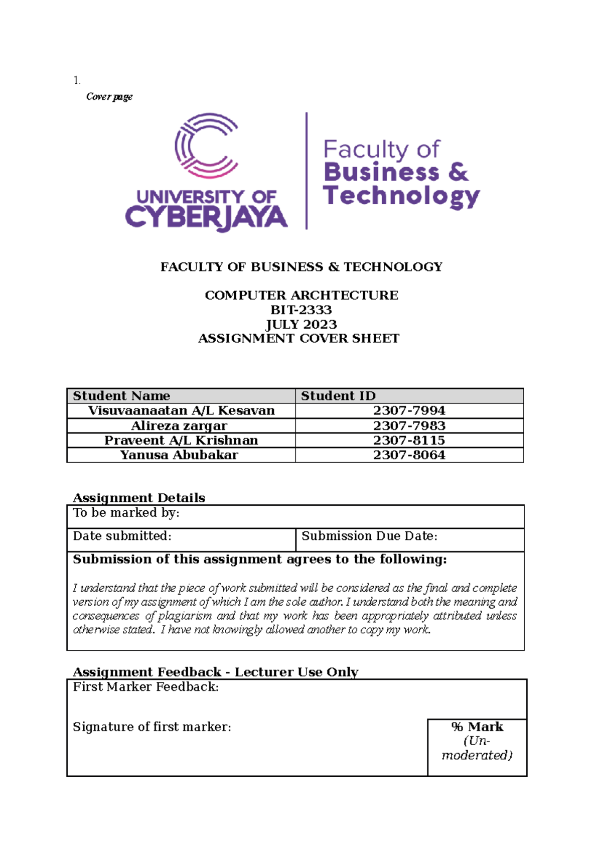 Computer Architecture final project - 1. FACULTY OF BUSINESS ...