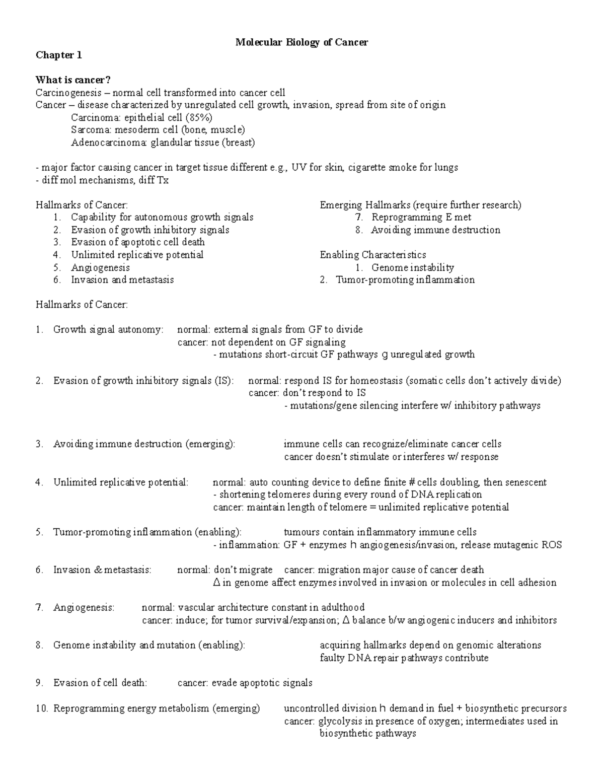 Cancer Biology Pecorino Notes Chapter 1 Molecular Biology of Cancer