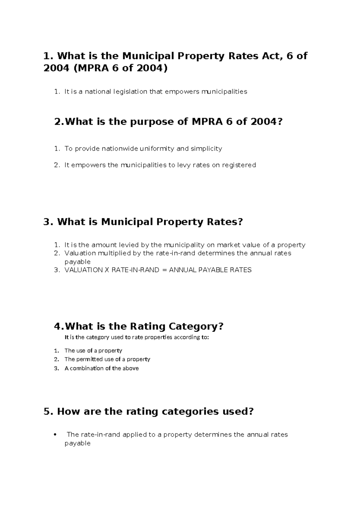 Valuations questionnares - 1. What is the Municipal Property Rates Act ...
