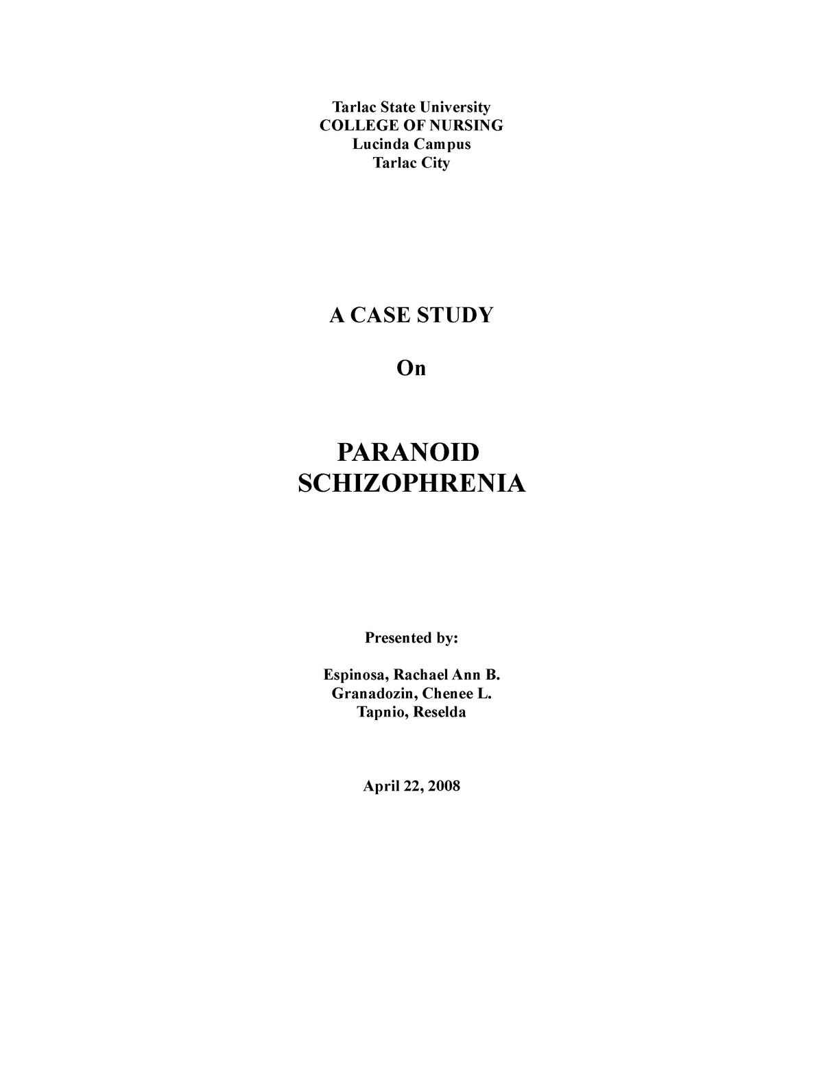 psychiatric case study paranoid schizophrenia