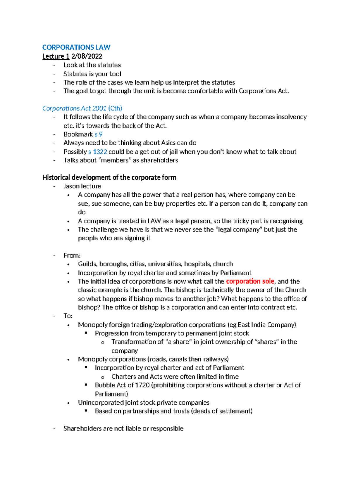 Corps Class Notes - CORPORATIONS LAW Lecture 1 2/08/ - Look at the ...